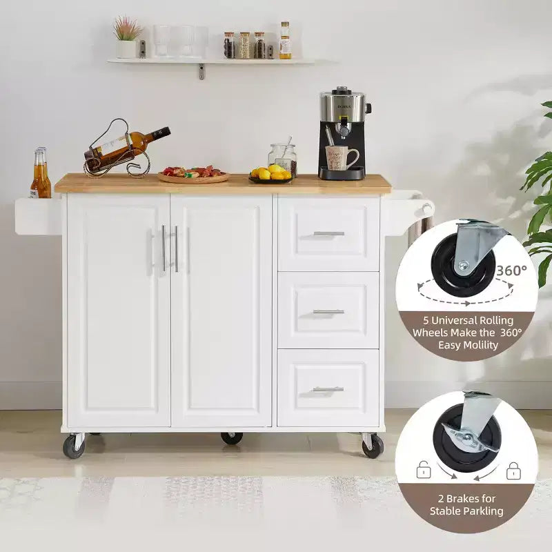 Okak Kitchen Island with Drop-Leaf Table, Kitchen Cart with 3 Drawers and 1 Shelf, Space-Saving Kitchen Island On Wheels for Dining Room