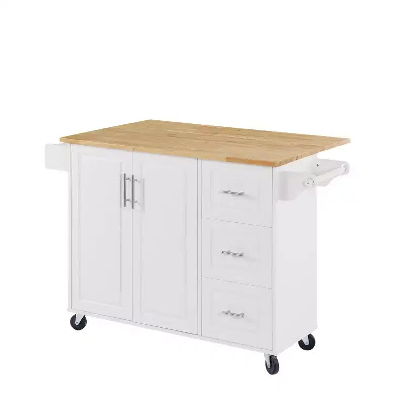 Okak Kitchen Island with Drop-Leaf Table, Kitchen Cart with 3 Drawers and 1 Shelf, Space-Saving Kitchen Island On Wheels for Dining Room