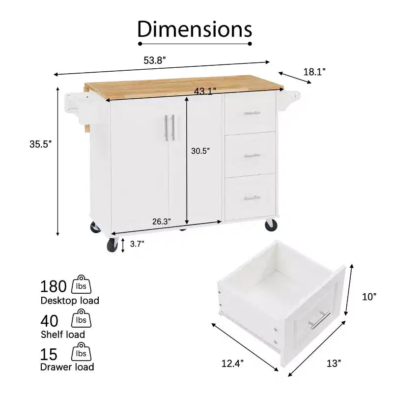 Okak Kitchen Island with Drop-Leaf Table, Kitchen Cart with 3 Drawers and 1 Shelf, Space-Saving Kitchen Island On Wheels for Dining Room