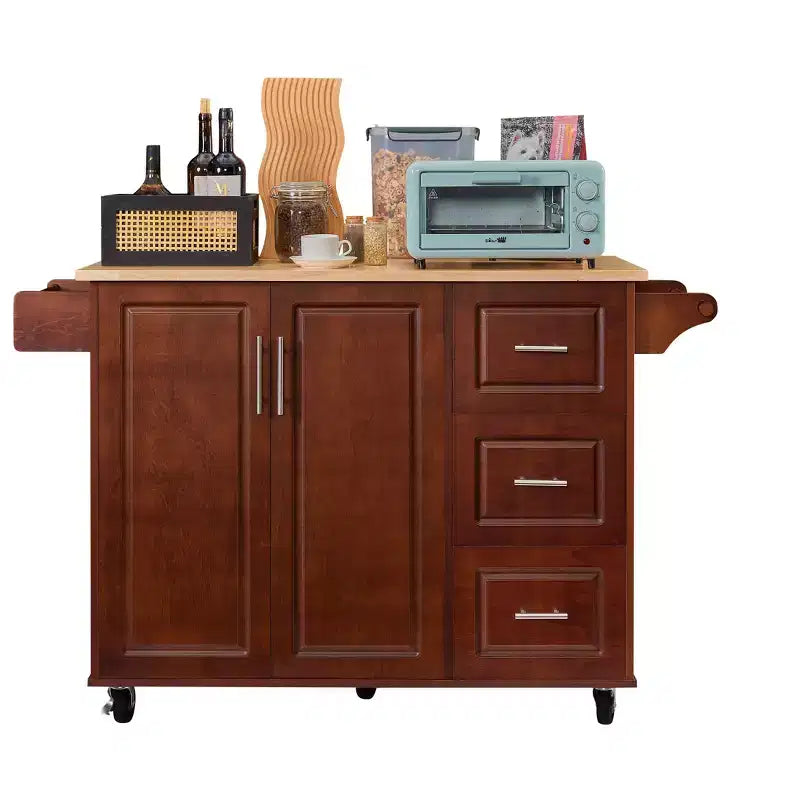 Okak Kitchen Island with Drop-Leaf Table, Kitchen Cart with 3 Drawers and 1 Shelf, Space-Saving Kitchen Island On Wheels for Dining Room