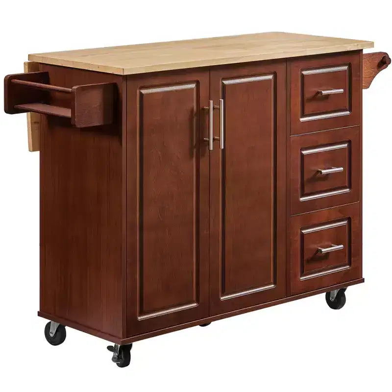Okak Kitchen Island with Drop-Leaf Table, Kitchen Cart with 3 Drawers and 1 Shelf, Space-Saving Kitchen Island On Wheels for Dining Room