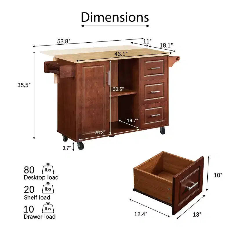 Okak Kitchen Island with Drop-Leaf Table, Kitchen Cart with 3 Drawers and 1 Shelf, Space-Saving Kitchen Island On Wheels for Dining Room