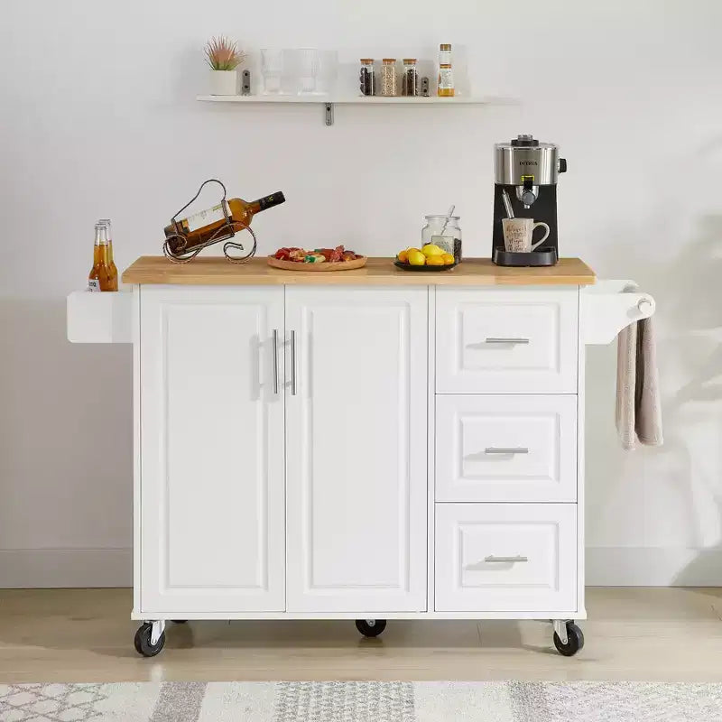 Okak Kitchen Island with Drop-Leaf Table, Kitchen Cart with 3 Drawers and 1 Shelf, Space-Saving Kitchen Island On Wheels for Dining Room
