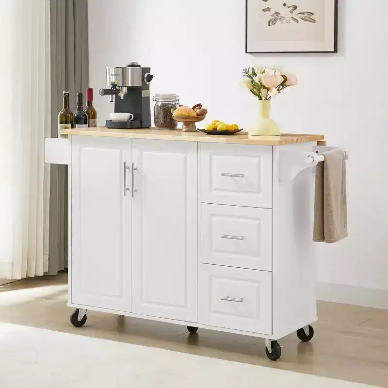 Okak Kitchen Island with Drop-Leaf Table, Kitchen Cart with 3 Drawers and 1 Shelf, Space-Saving Kitchen Island On Wheels for Dining Room