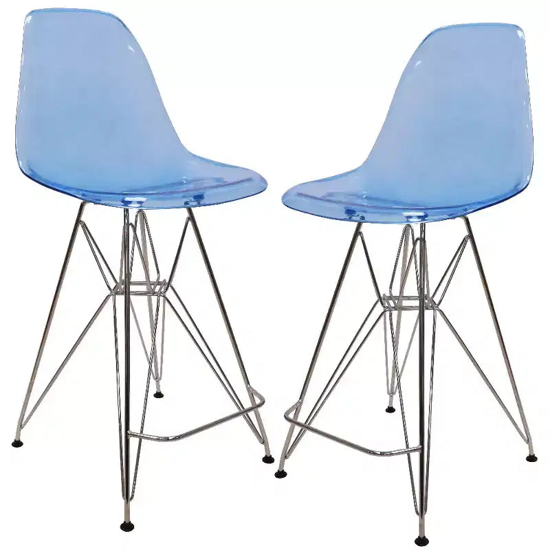 LeisureMod Cresco Modern Acrylic Barstool Lightweight Steel Frame and Footrest Counter Stool for Kitchen Island, Home Bar, or Dining Area Set of 2