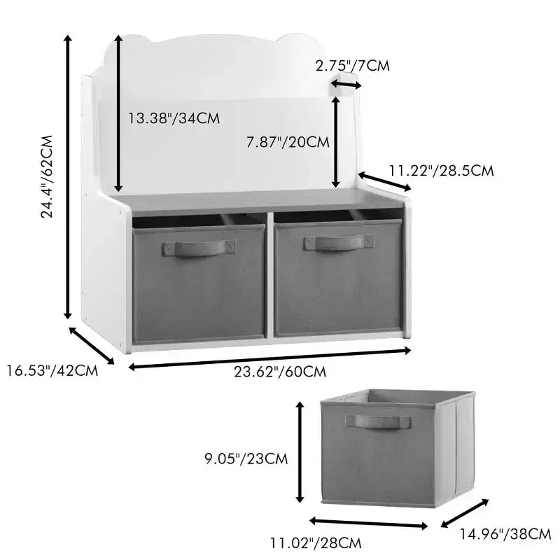 Whisen Kids Bookshelf with Storage Bins, Book Display Shelf and 2 Fabric Bins, Cute Bear-Shaped Backboard - White & Gray