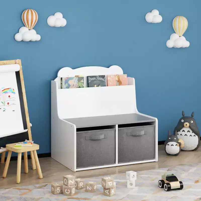 Whisen Kids Bookshelf with Storage Bins, Book Display Shelf and 2 Fabric Bins, Cute Bear-Shaped Backboard - White & Gray