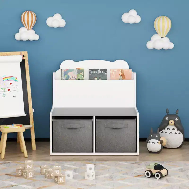 Whisen Kids Bookshelf with Storage Bins, Book Display Shelf and 2 Fabric Bins, Cute Bear-Shaped Backboard - White & Gray