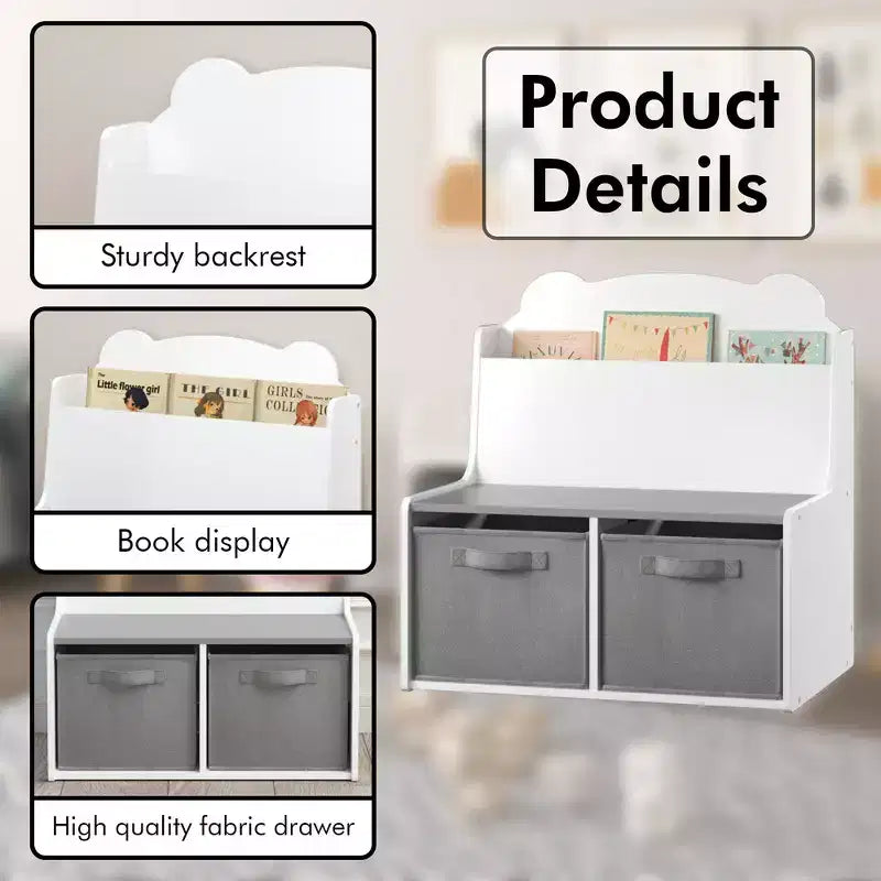 Whisen Kids Bookshelf with Storage Bins, Book Display Shelf and 2 Fabric Bins, Cute Bear-Shaped Backboard - White & Gray