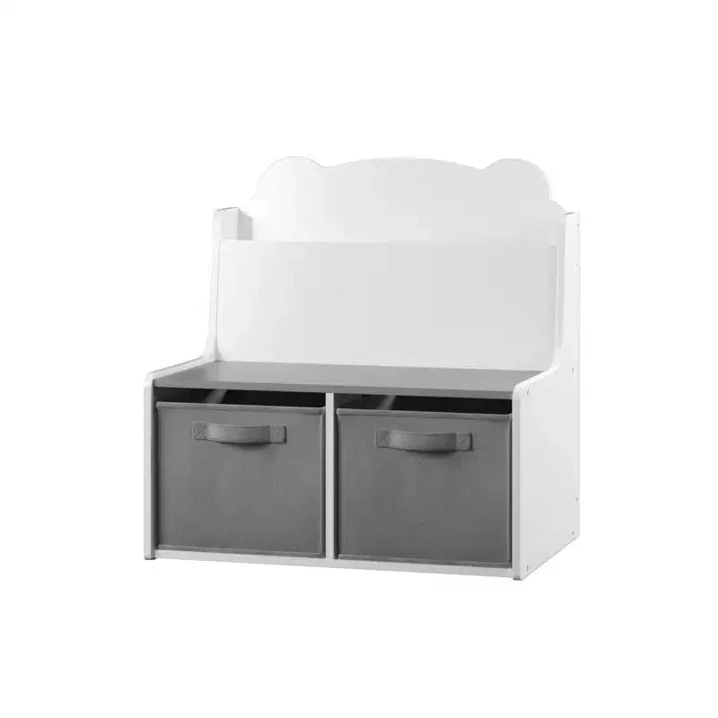 Whisen Kids Bookshelf with Storage Bins, Book Display Shelf and 2 Fabric Bins, Cute Bear-Shaped Backboard - White & Gray