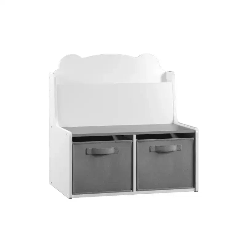 Whisen Kids Bookshelf with Storage Bins, Book Display Shelf and 2 Fabric Bins, Cute Bear-Shaped Backboard - White & Gray
