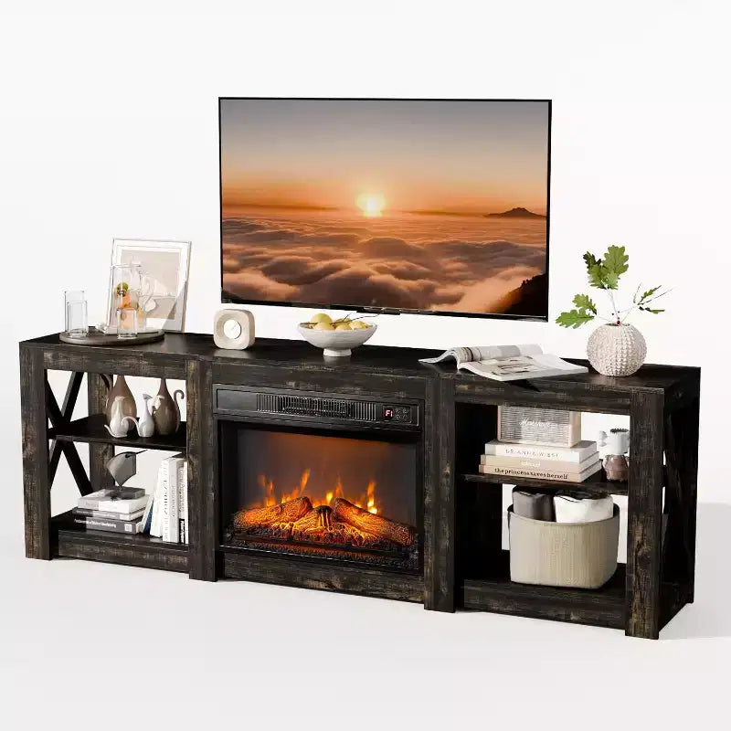 VINGLI Fireplace TV Stand for up to 80 inch TVs, Farmhouse Entertainment Center with Electric Fireplace Heater & Adjustable Shelves