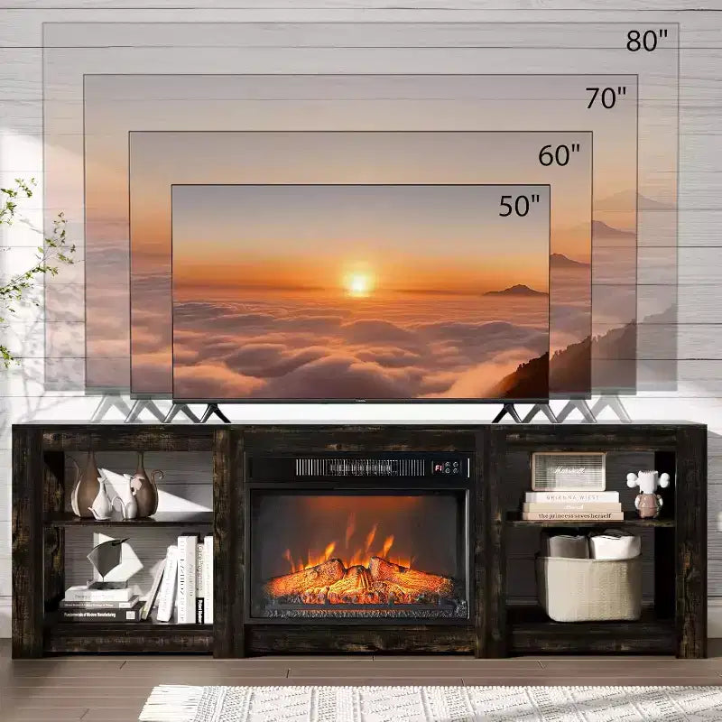 VINGLI Fireplace TV Stand for up to 80 inch TVs, Farmhouse Entertainment Center with Electric Fireplace Heater & Adjustable Shelves