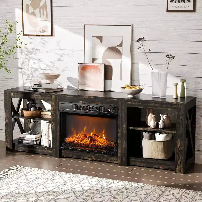 VINGLI Fireplace TV Stand for up to 80 inch TVs, Farmhouse Entertainment Center with Electric Fireplace Heater & Adjustable Shelves