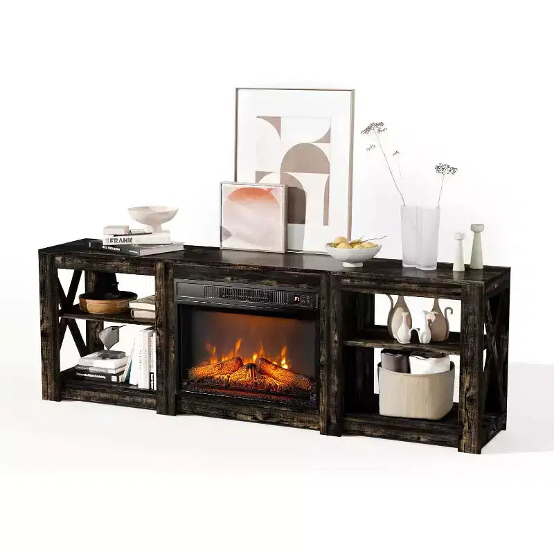 VINGLI Fireplace TV Stand for up to 80 inch TVs, Farmhouse Entertainment Center with Electric Fireplace Heater & Adjustable Shelves