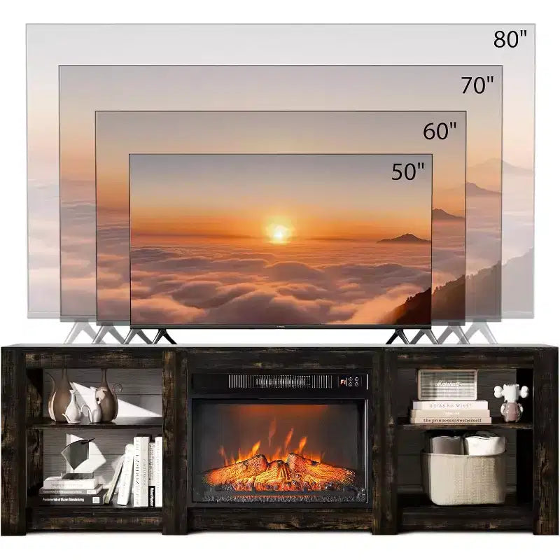VINGLI Fireplace TV Stand for up to 80 inch TVs, Farmhouse Entertainment Center with Electric Fireplace Heater & Adjustable Shelves