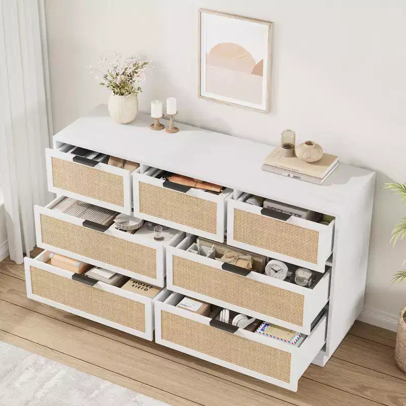 Rattan 7 Drawer Dresser, 55in Wide White 7 Chest of Drawers with Metal Handles and Wooden Sturdy Base for Bedroom Living Room Nursery Closet