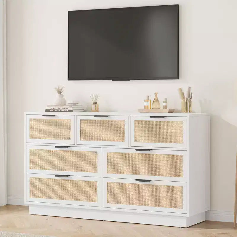 Rattan 7 Drawer Dresser, 55in Wide White 7 Chest of Drawers with Metal Handles and Wooden Sturdy Base for Bedroom Living Room Nursery Closet
