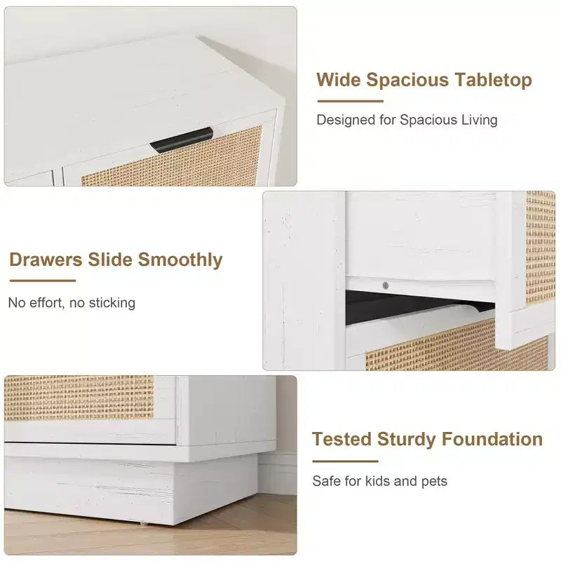 Rattan 7 Drawer Dresser, 55in Wide White 7 Chest of Drawers with Metal Handles and Wooden Sturdy Base for Bedroom Living Room Nursery Closet