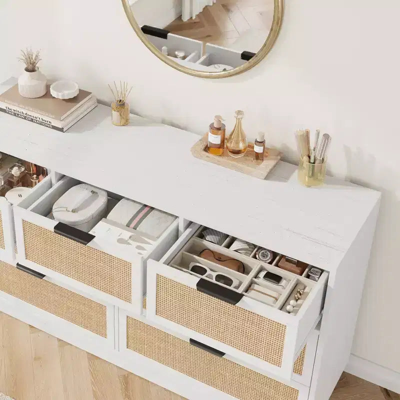 Rattan 7 Drawer Dresser, 55in Wide White 7 Chest of Drawers with Metal Handles and Wooden Sturdy Base for Bedroom Living Room Nursery Closet