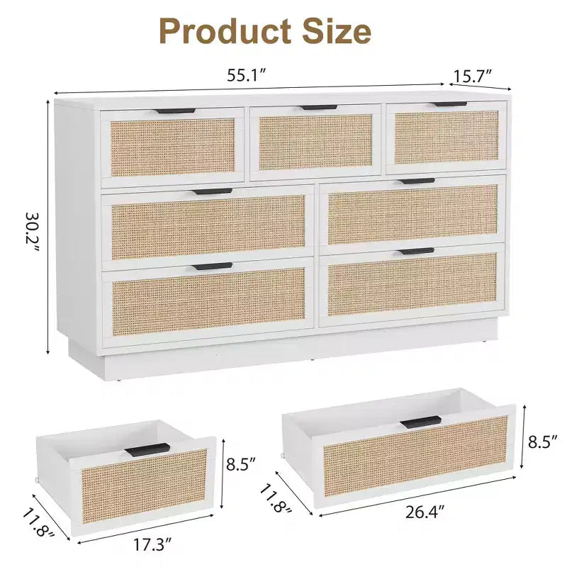 Rattan 7 Drawer Dresser, 55in Wide White 7 Chest of Drawers with Metal Handles and Wooden Sturdy Base for Bedroom Living Room Nursery Closet