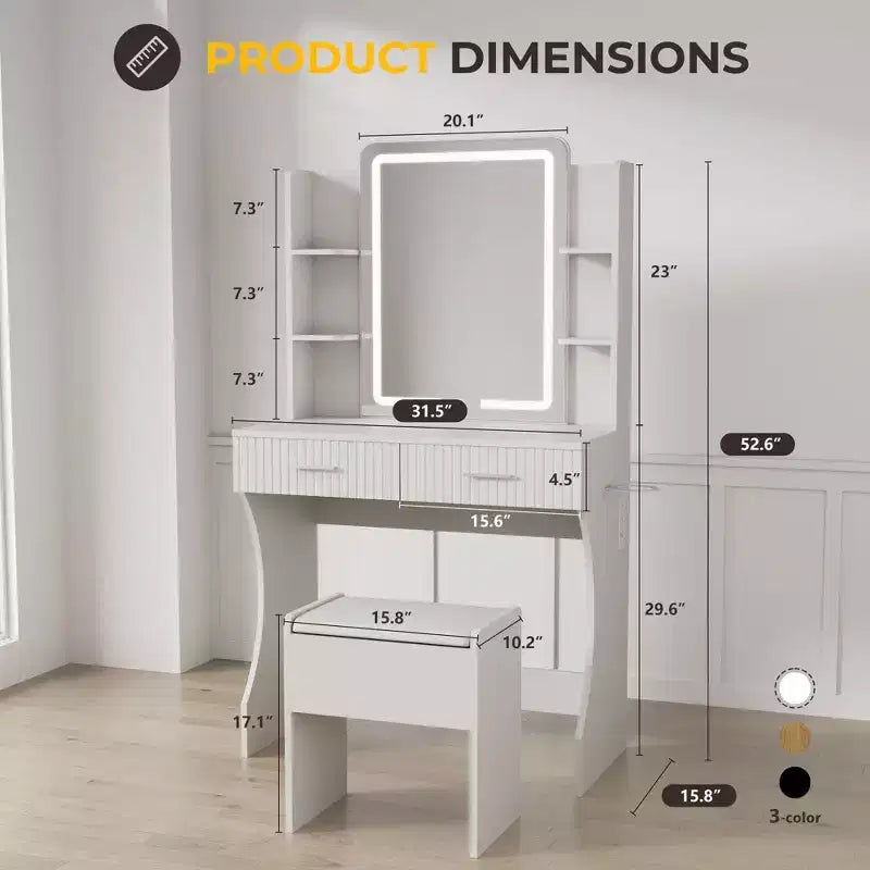 Makeup Vanity with LED Lighted Mirror, Vanity Desk with 3 Adjustable Lights, White Vanity with Storage Stool for Bedroom