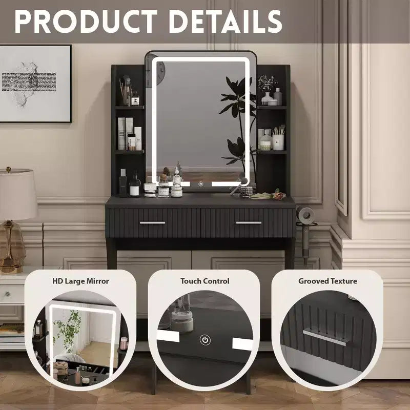 Makeup Vanity with LED Lighted Mirror, Vanity Desk with 3 Adjustable Lights, White Vanity with Storage Stool for Bedroom
