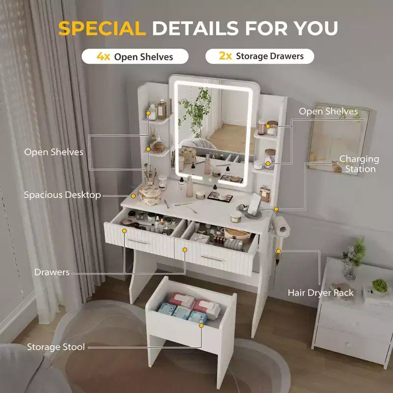 Makeup Vanity with LED Lighted Mirror, Vanity Desk with 3 Adjustable Lights, White Vanity with Storage Stool for Bedroom