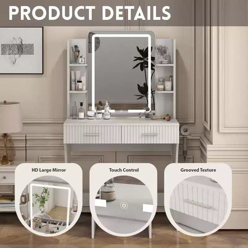 Makeup Vanity with LED Lighted Mirror, Vanity Desk with 3 Adjustable Lights, White Vanity with Storage Stool for Bedroom