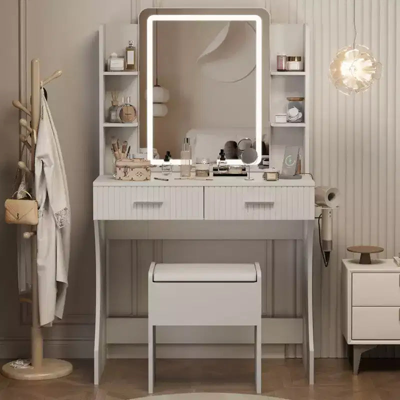 Makeup Vanity with LED Lighted Mirror, Vanity Desk with 3 Adjustable Lights, White Vanity with Storage Stool for Bedroom