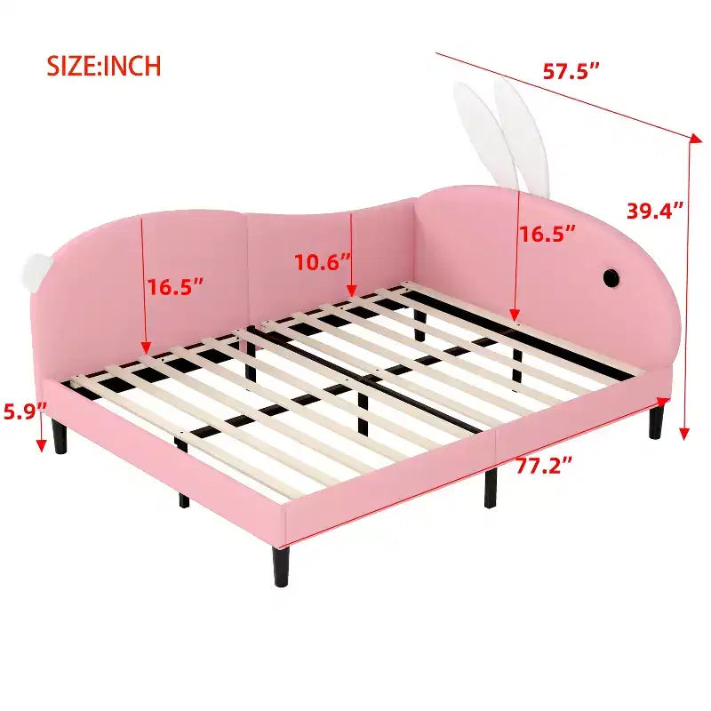 Full Size Upholstered Cute Kids Daybed, Rabbit Shape Sofabed with Headboard for Girls, Pink