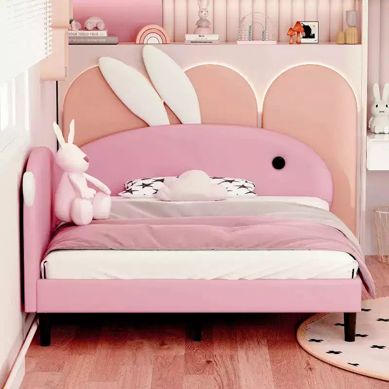 Full Size Upholstered Cute Kids Daybed, Rabbit Shape Sofabed with Headboard for Girls, Pink