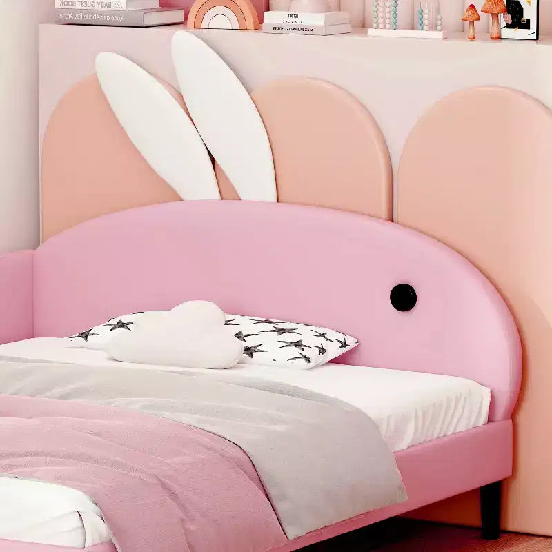 Full Size Upholstered Cute Kids Daybed, Rabbit Shape Sofabed with Headboard for Girls, Pink
