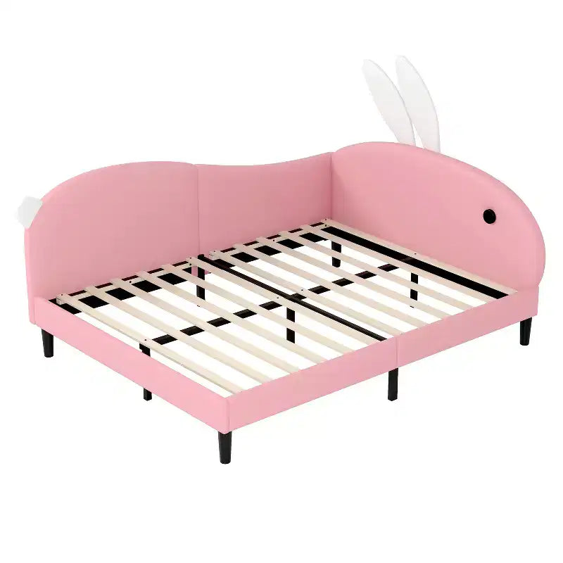 Full Size Upholstered Cute Kids Daybed, Rabbit Shape Sofabed with Headboard for Girls, Pink
