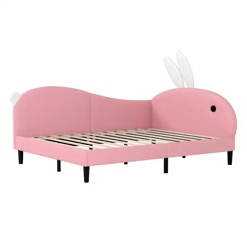 Full Size Upholstered Cute Kids Daybed, Rabbit Shape Sofabed with Headboard for Girls, Pink