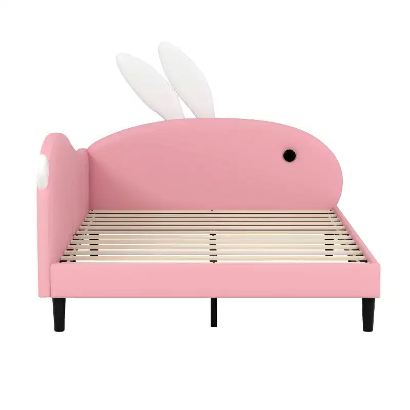Full Size Upholstered Cute Kids Daybed, Rabbit Shape Sofabed with Headboard for Girls, Pink