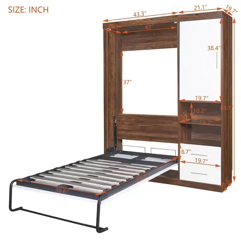Twin/Full Wood Murphy Bed with Cabinet, Foldable Wall Bed Murphy Bed Cabinet with Storage Shelves for Guest Room