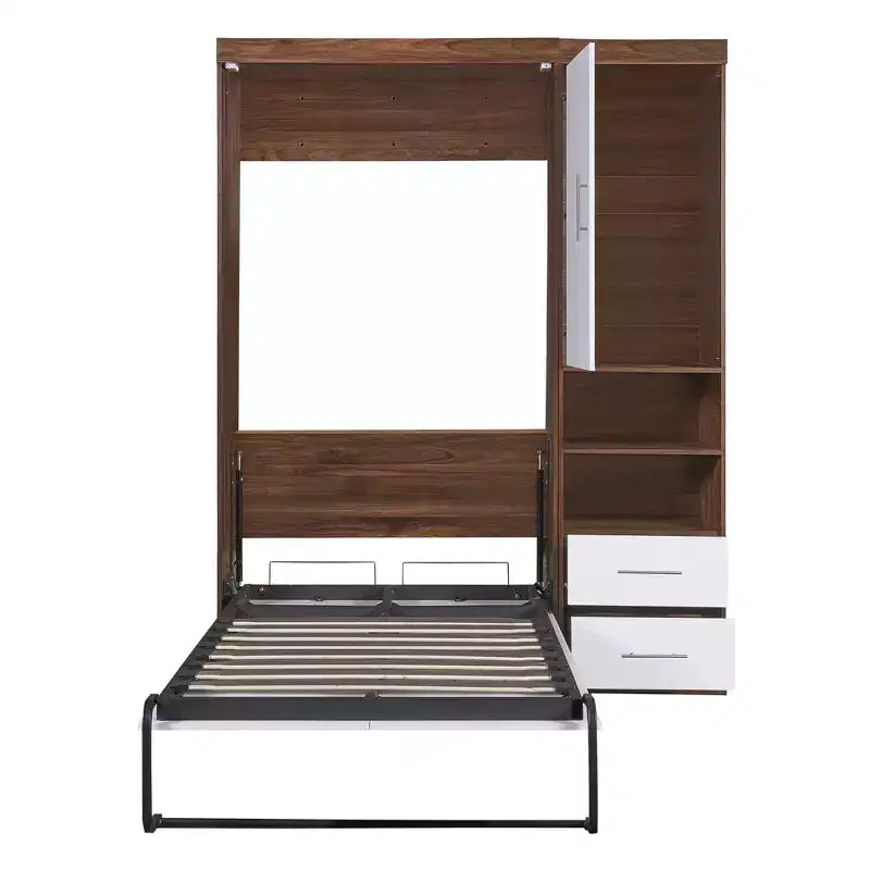 Twin/Full Wood Murphy Bed with Cabinet, Foldable Wall Bed Murphy Bed Cabinet with Storage Shelves for Guest Room