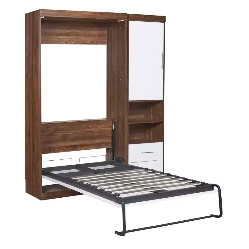 Twin/Full Wood Murphy Bed with Cabinet, Foldable Wall Bed Murphy Bed Cabinet with Storage Shelves for Guest Room