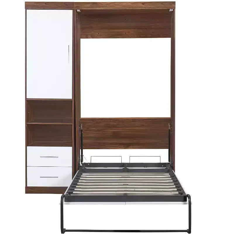 Twin/Full Wood Murphy Bed with Cabinet, Foldable Wall Bed Murphy Bed Cabinet with Storage Shelves for Guest Room