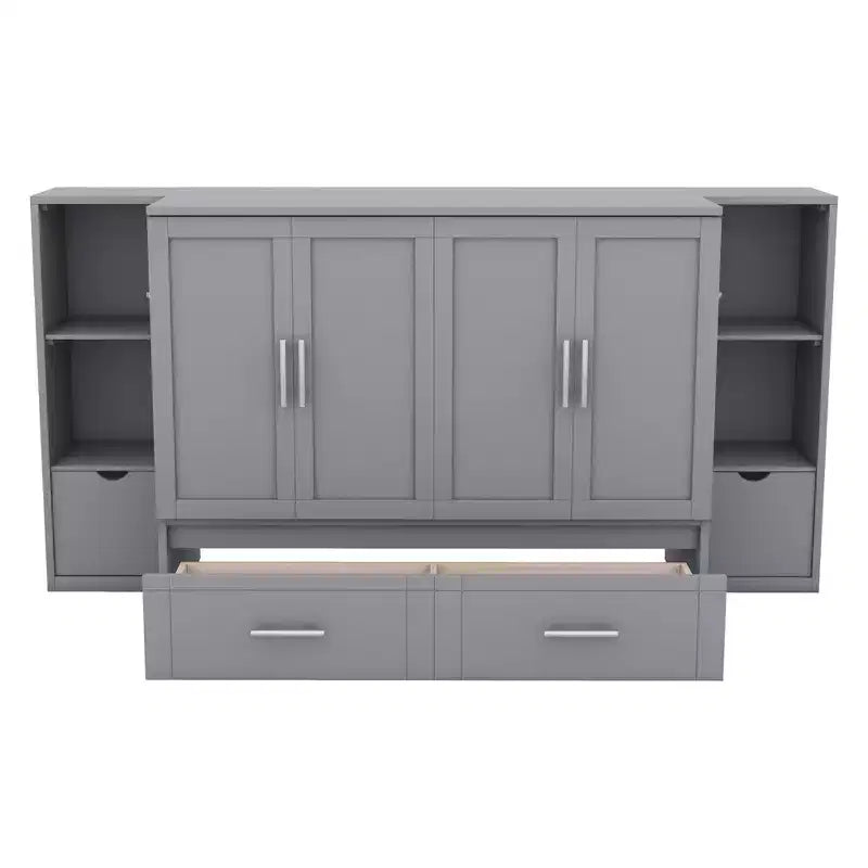 Queen/Full Murphy Bed Foldable into Cabinet, Wooden Platform Bedframe with Shelves, Drawers