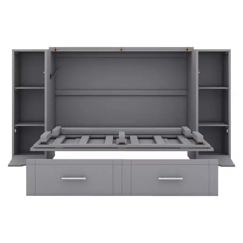 Queen/Full Murphy Bed Foldable into Cabinet, Wooden Platform Bedframe with Shelves, Drawers