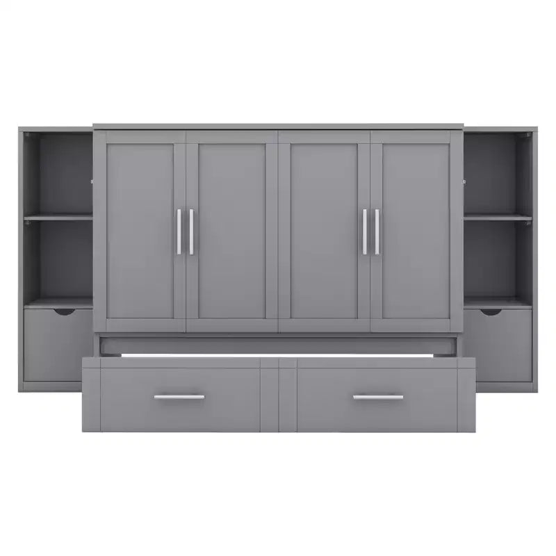 Queen/Full Murphy Bed Foldable into Cabinet, Wooden Platform Bedframe with Shelves, Drawers