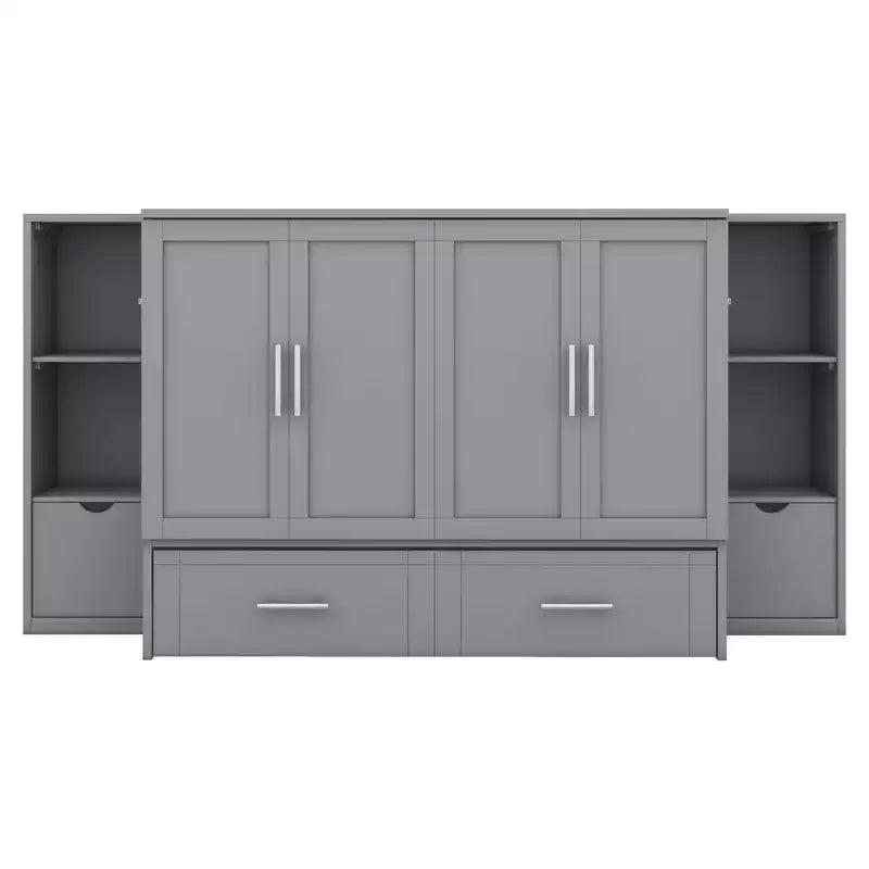 Queen/Full Murphy Bed Foldable into Cabinet, Wooden Platform Bedframe with Shelves, Drawers