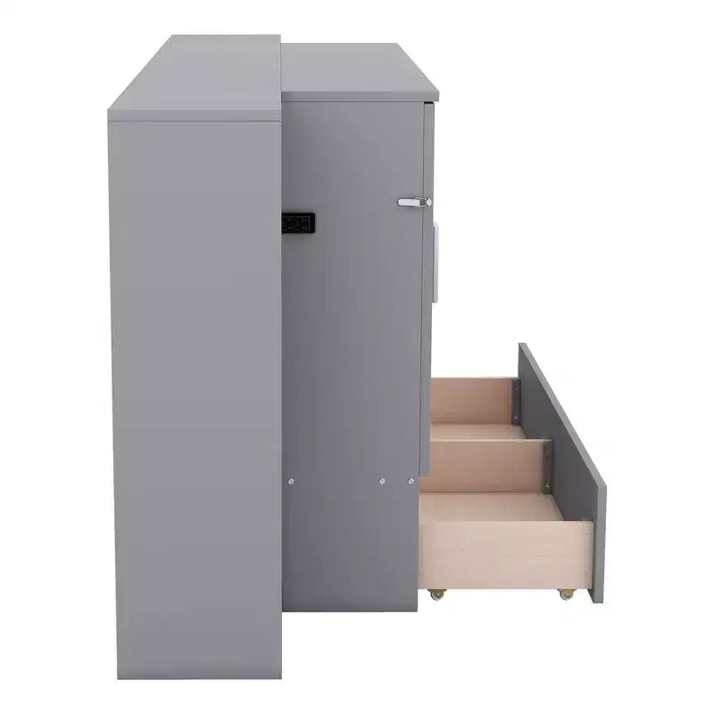 Queen/Full Murphy Bed Foldable into Cabinet, Wooden Platform Bedframe with Shelves, Drawers