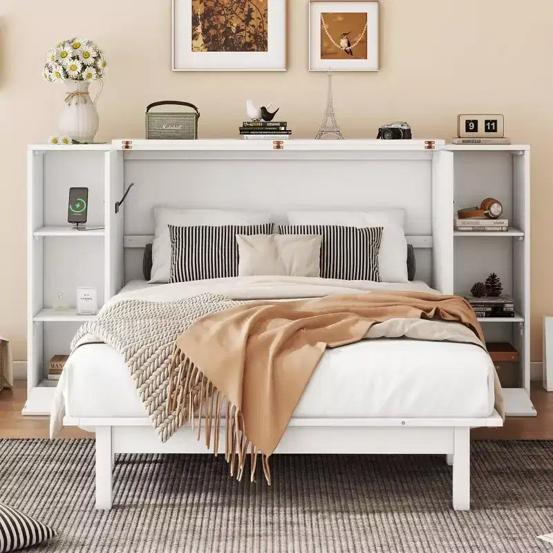 Queen/Full Murphy Bed Foldable into Cabinet, Wooden Platform Bedframe with Shelves, Drawers