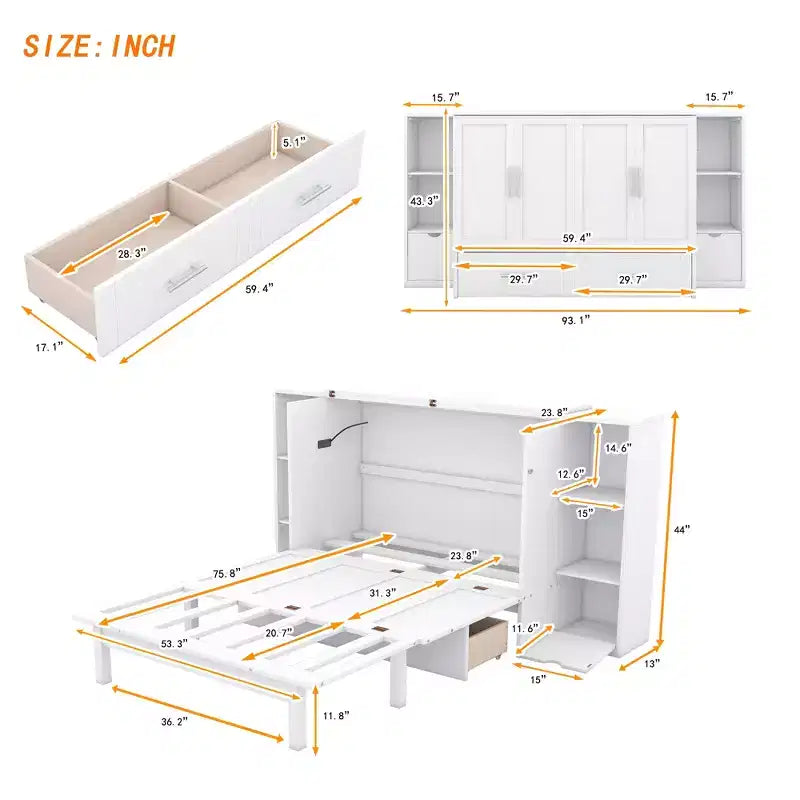 Queen/Full Murphy Bed Foldable into Cabinet, Wooden Platform Bedframe with Shelves, Drawers