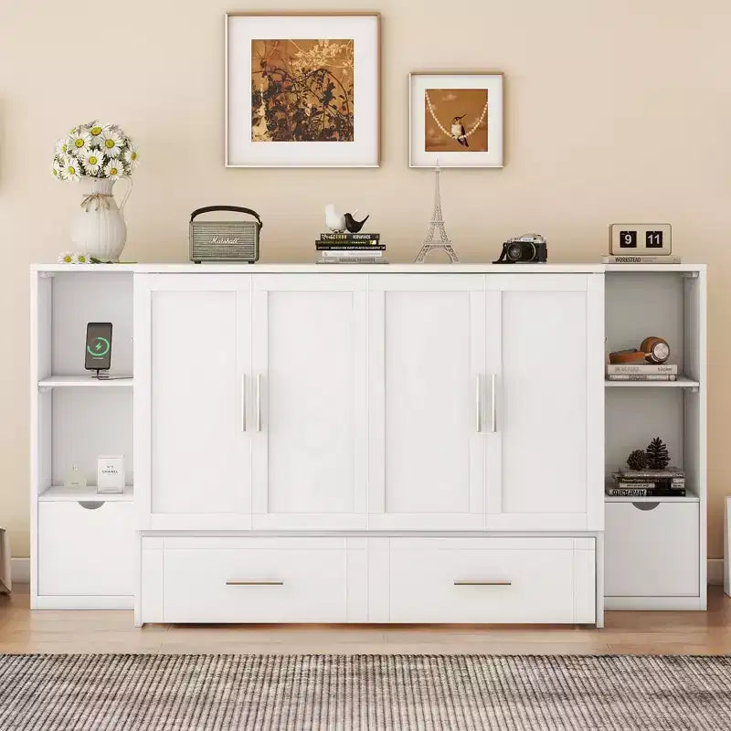Queen/Full Murphy Bed Foldable into Cabinet, Wooden Platform Bedframe with Shelves, Drawers