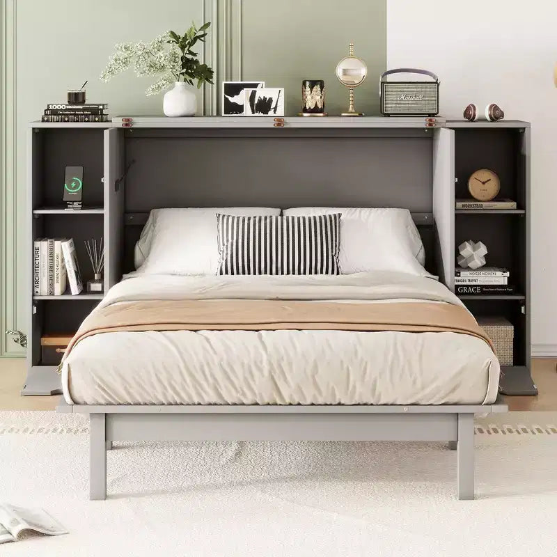 Queen/Full Murphy Bed Foldable into Cabinet, Wooden Platform Bedframe with Shelves, Drawers