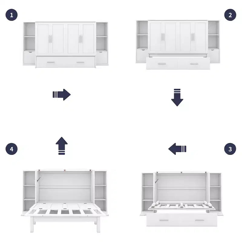 Queen/Full Murphy Bed Foldable into Cabinet, Wooden Platform Bedframe with Shelves, Drawers